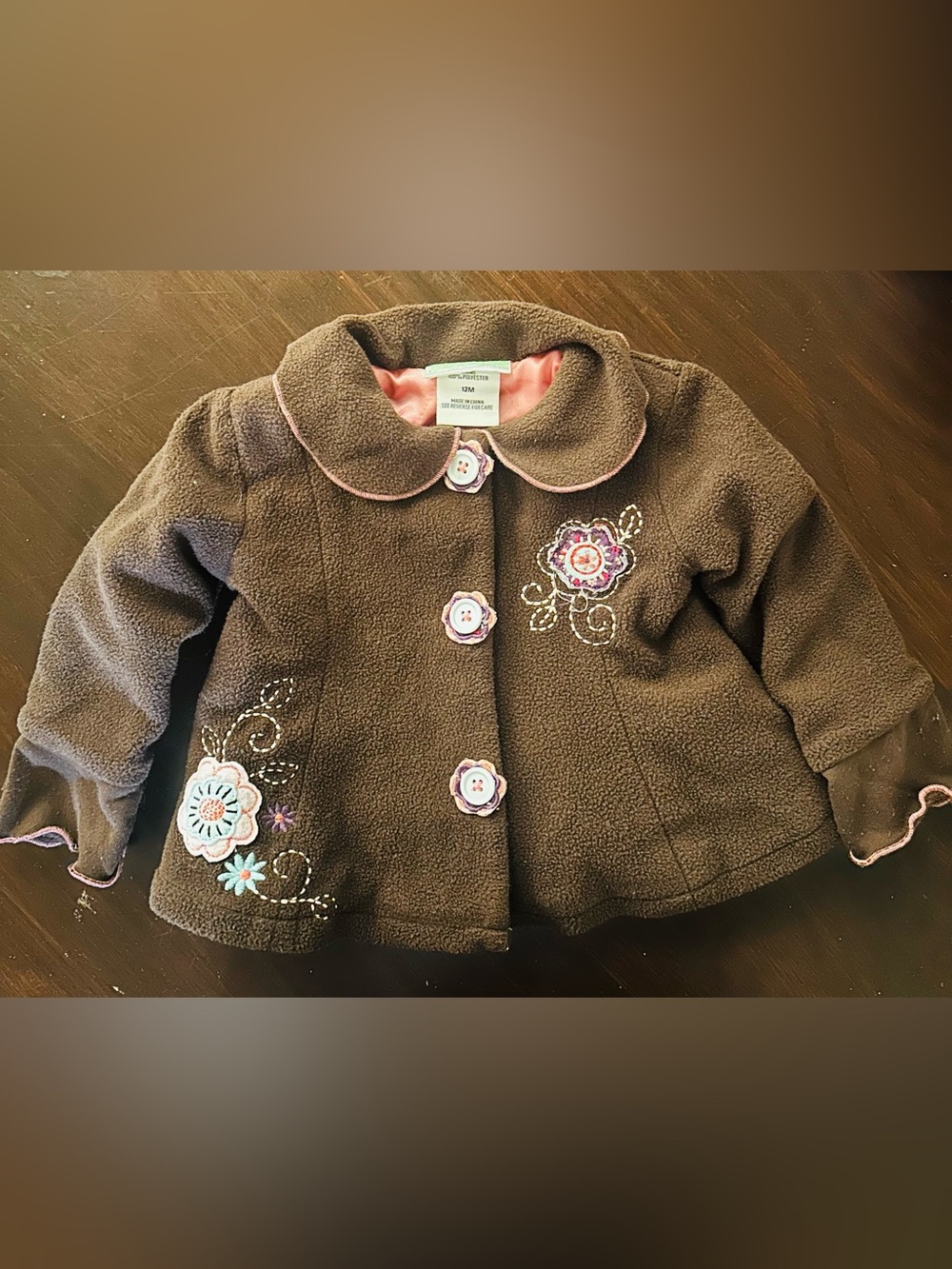 Baby Girls' Brown Floral Fleece Coat - Cozy Embroidered Jacket